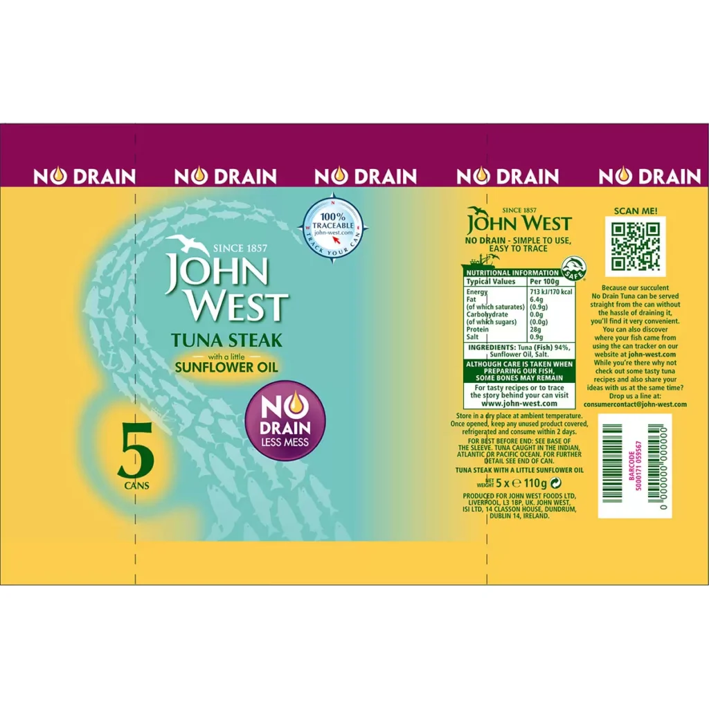 John West No Drain Tuna Steak in Sunflower Oil, 5 x 110g