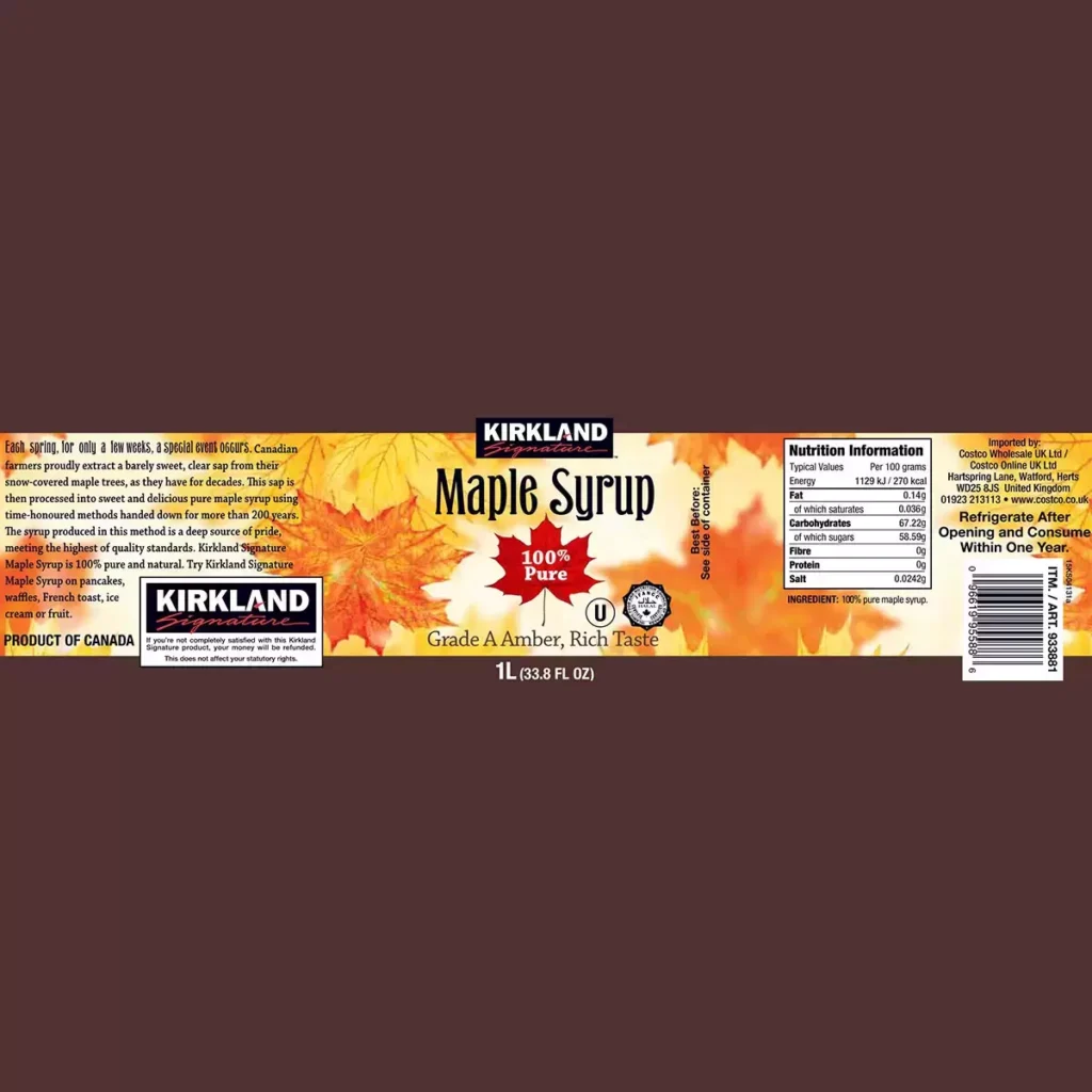 Kirkland Signature 100% Pure Grade A Amber Maple Syrup, 1L
