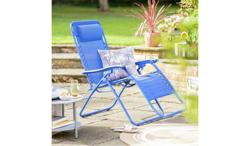 Argos Home Folding Metal Zero Gravity Sun Lounger in Blue available at Order For Me UK