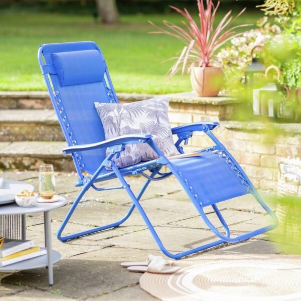 Argos Home Folding Metal Zero Gravity Sun Lounger in Blue available at Order For Me UK