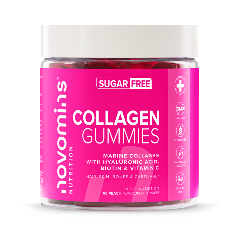 Novomins Collagen Sugar-Free Peach Flavoured 60 Gummies imported from the UK and delivered to Nigeria by OrderForMe UK.