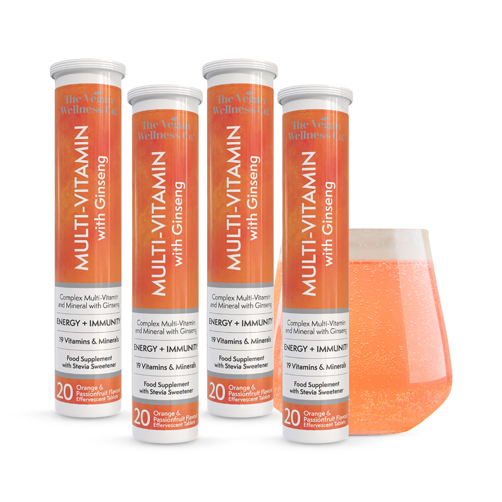 The Vegan Wellness Co. Multivitamin With Ginseng 80 (4x20) Orange & Passionfruit Flavour Effervescent Tablets imported from the UK and delivered to Nigeria by OrderForMe UK.
