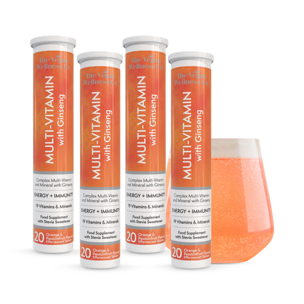 The Vegan Wellness Co. Multivitamin With Ginseng 80 (4x20) Orange & Passionfruit Flavour Effervescent Tablets imported from the UK and delivered to Nigeria by OrderForMe UK.